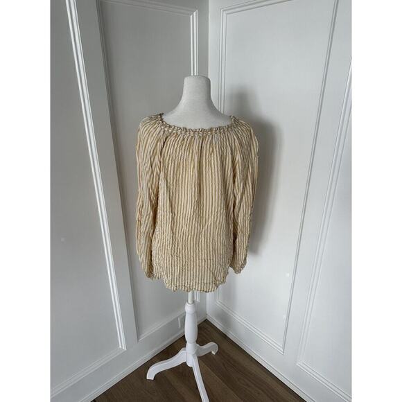Max Studio Womens Tan and White Striped Loose Fit Keyhole Peasant Blouse Large - Picture 2 of 13